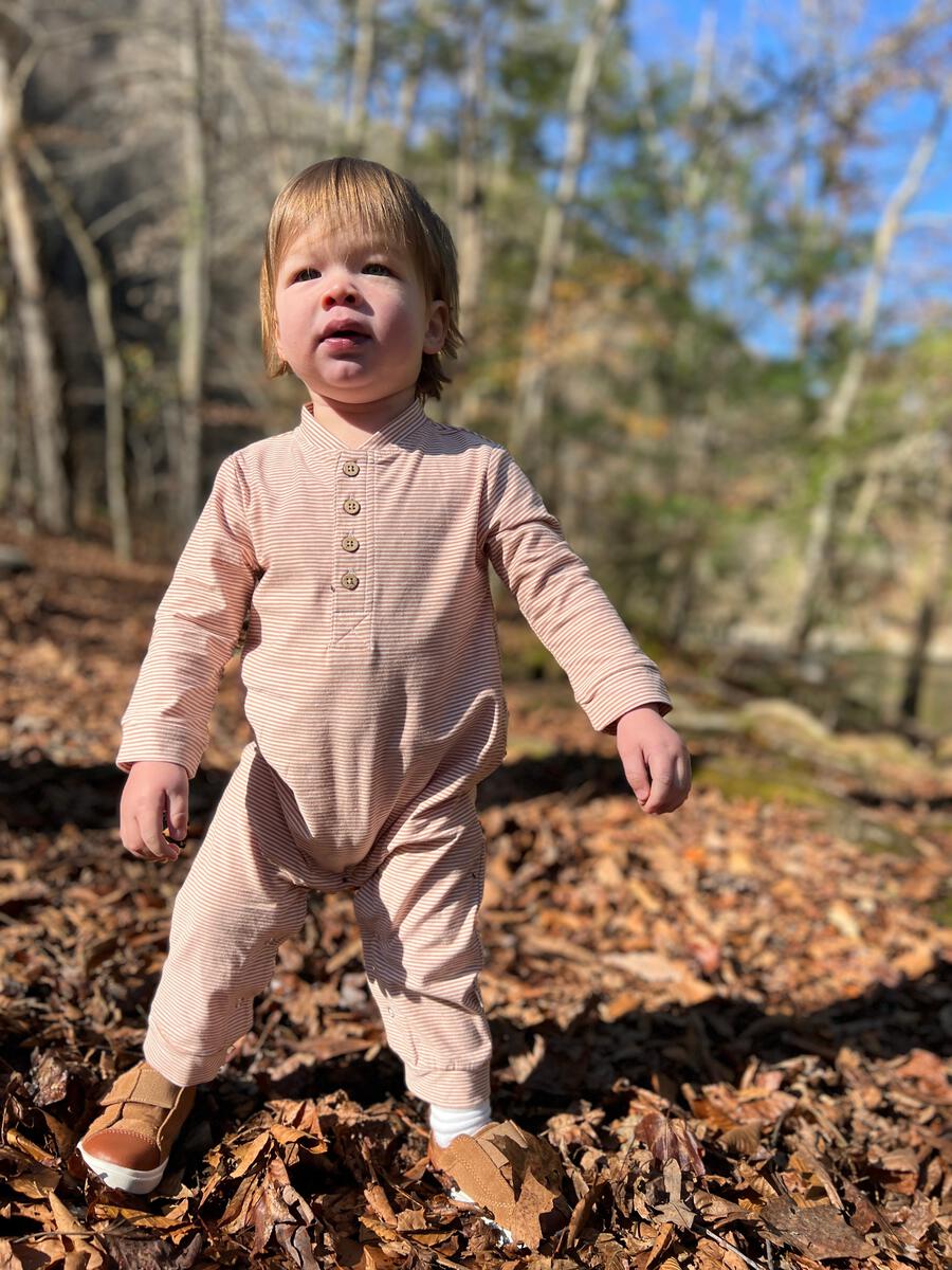 Niota Henley Romper | Pumpkin & White Stripe