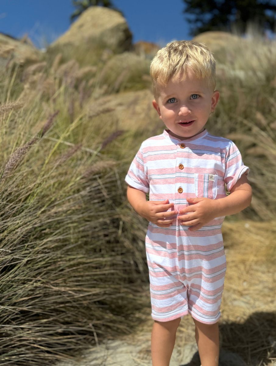 Camborne Henley Romper | Pink/Grey/White Striped