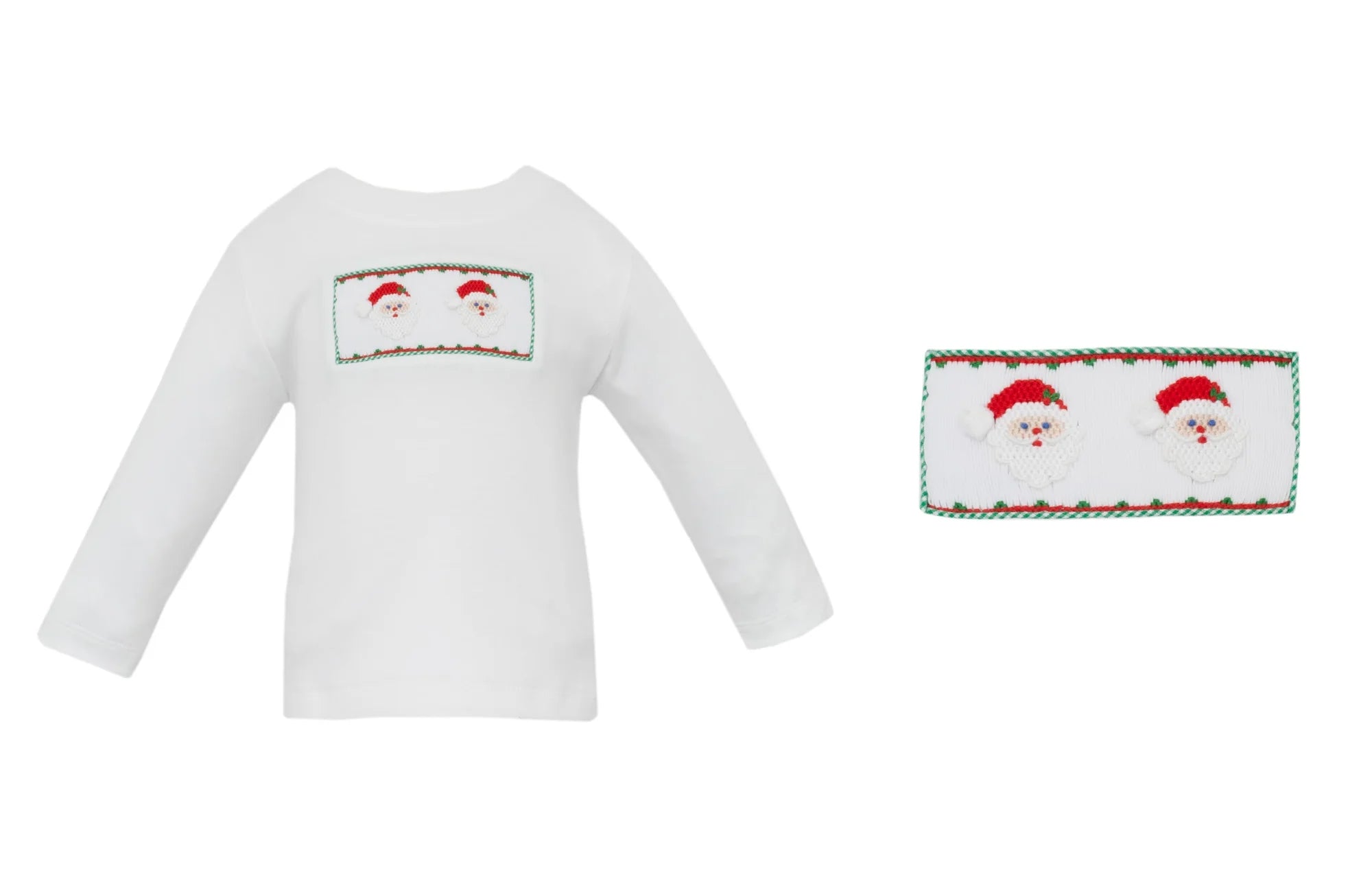 Santa Face Smocked White Knit LS T-Shirt