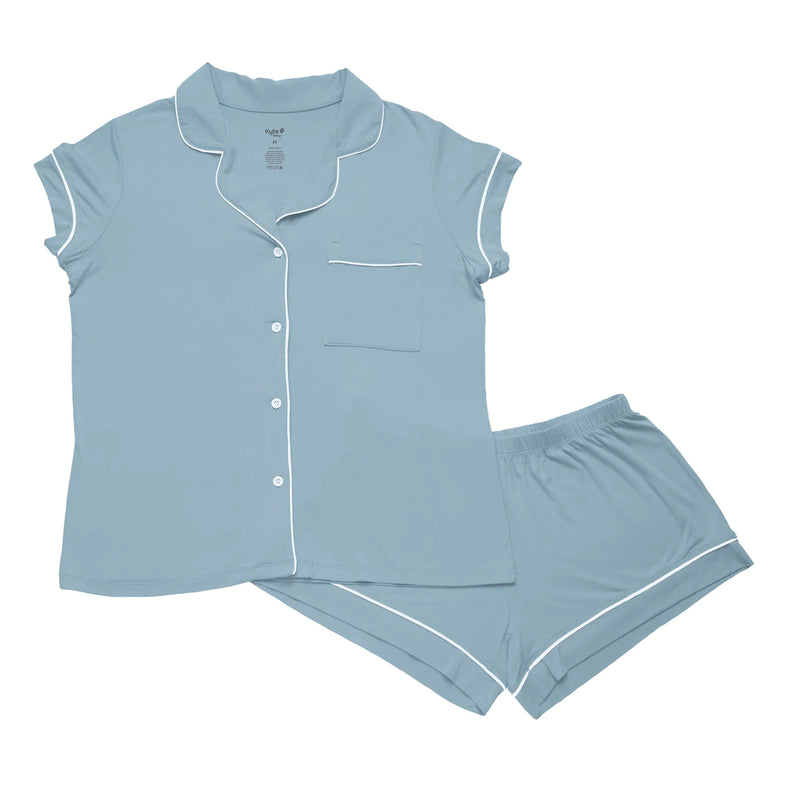 Women’s Short Sleeve Pajama Set - Dusty Blue with Cloud Trim