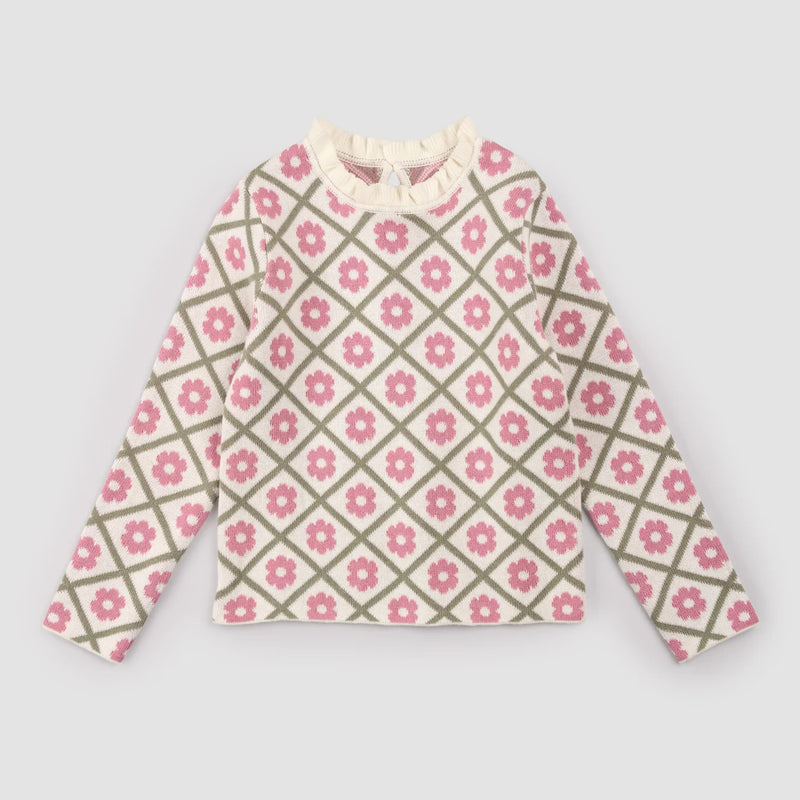 Pink Daisy Scalloped Mock Neck Sweater