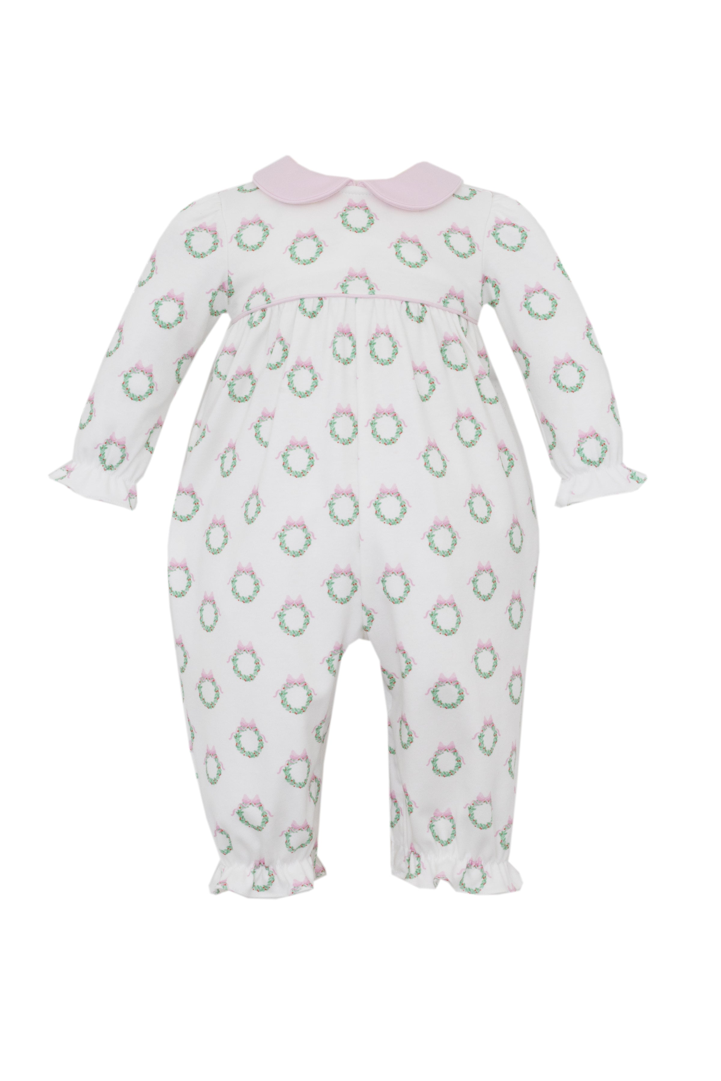 Holiday Pink Wreath Print Smocked LS Ruffle Romper