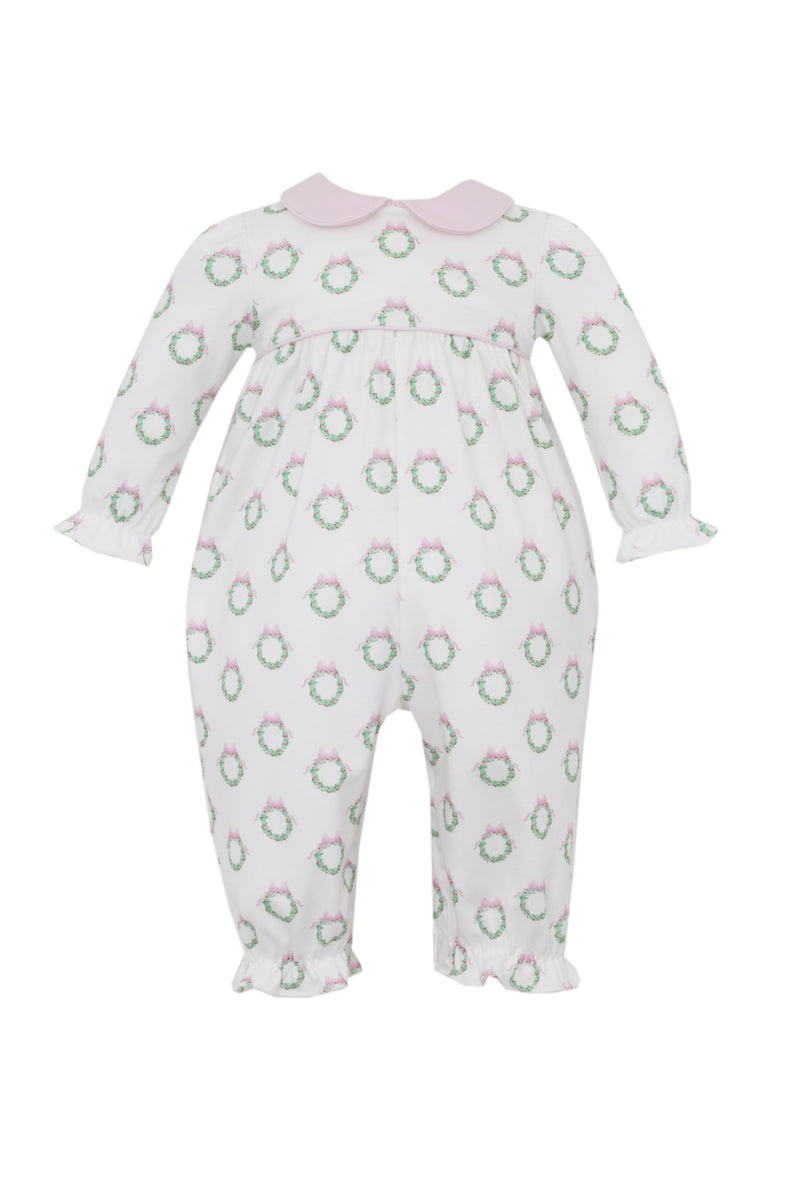 Holiday Pink Wreath Print Smocked LS Ruffle Romper