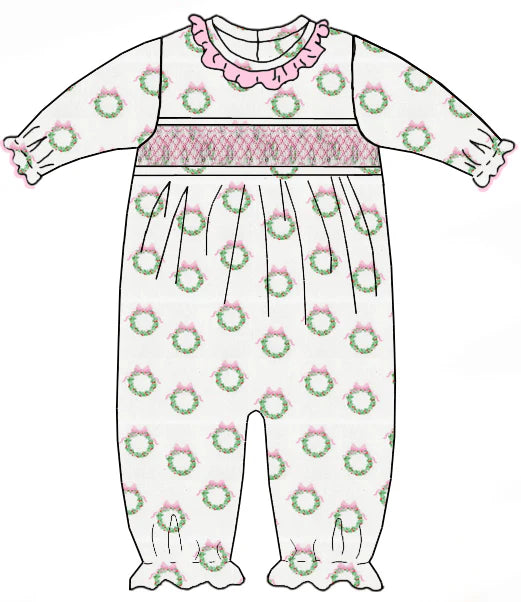 Holiday Pink Wreath Print Smocked LS Ruffle Romper