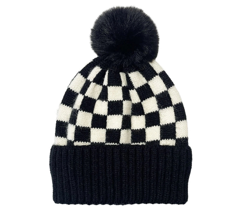 Checker Pom Beanie - Black