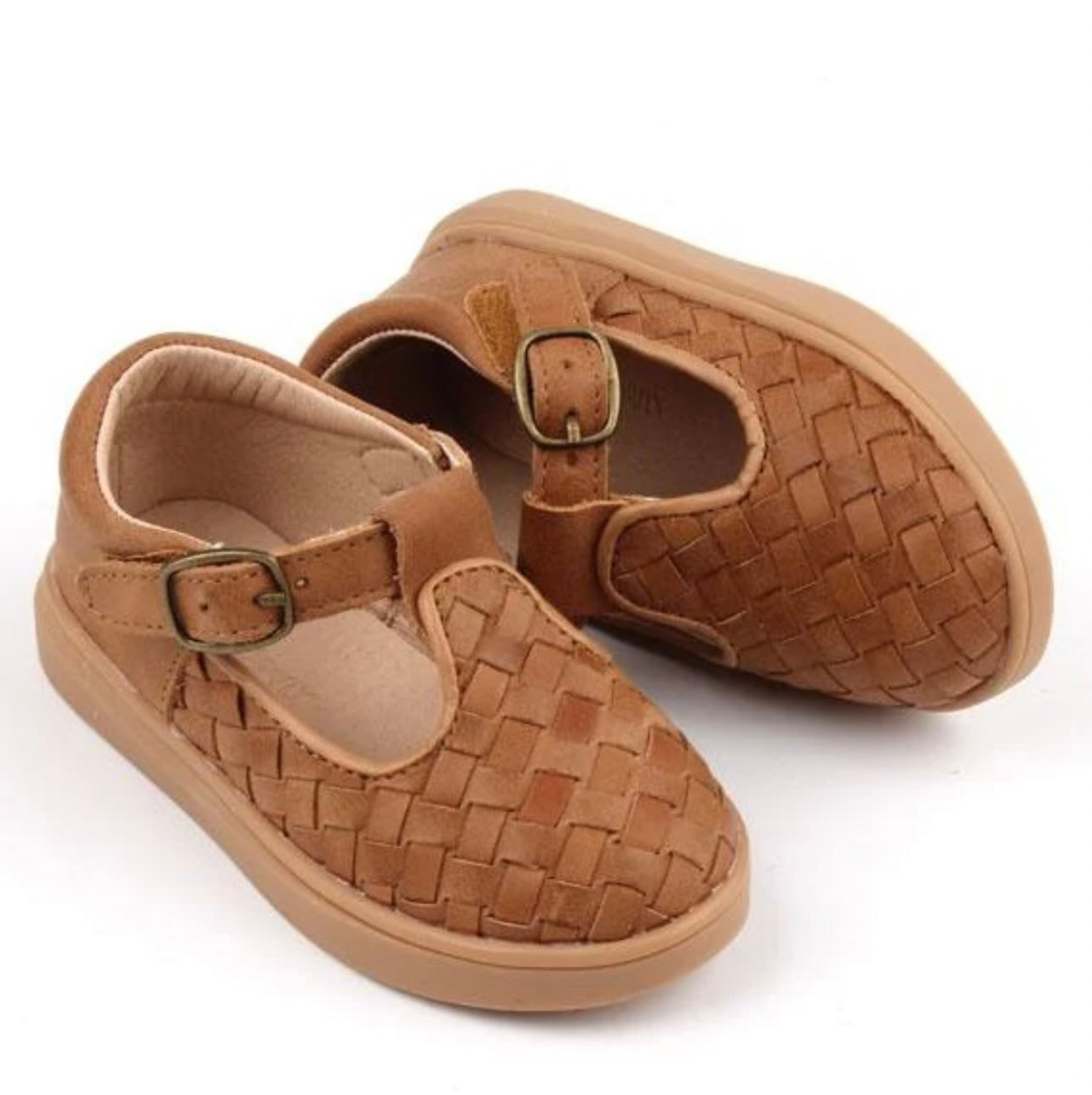 Leather Woven T-Bar | Walnut | Hard Sole