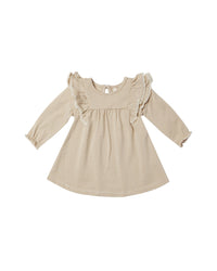 long sleeve flutter dress - latte micro stripe