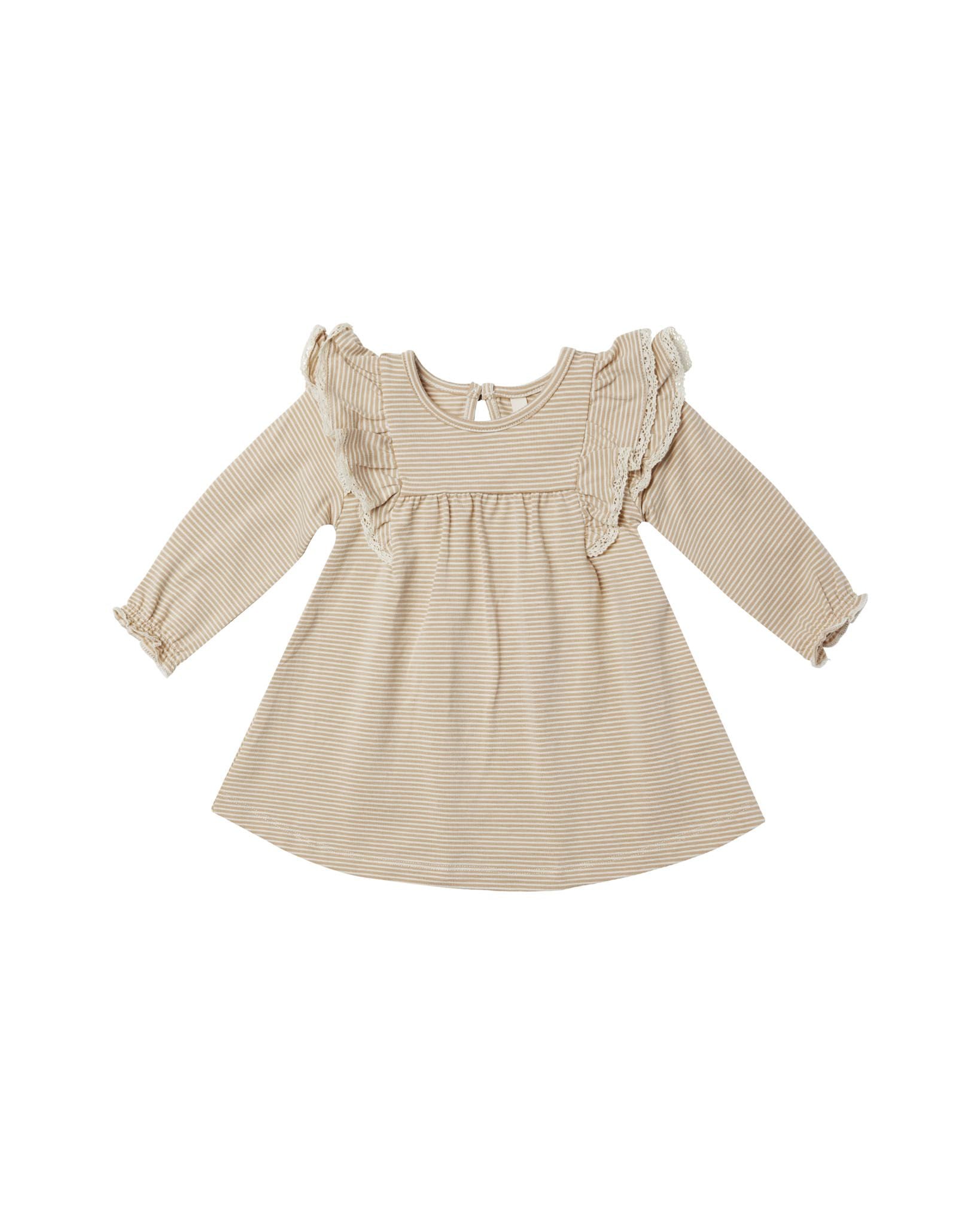 long sleeve flutter dress - latte micro stripe