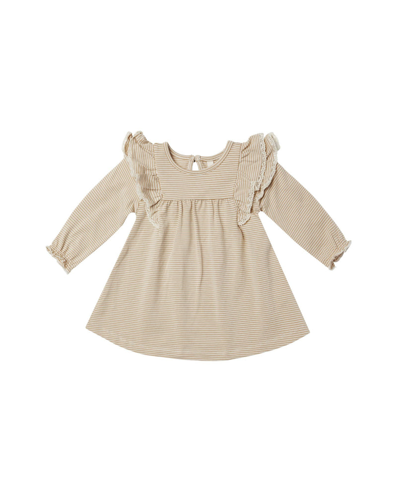 long sleeve flutter dress - latte micro stripe