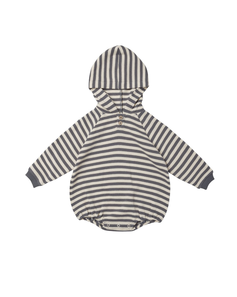 Waffle Hooded Bubble Romper | Navy Stripe