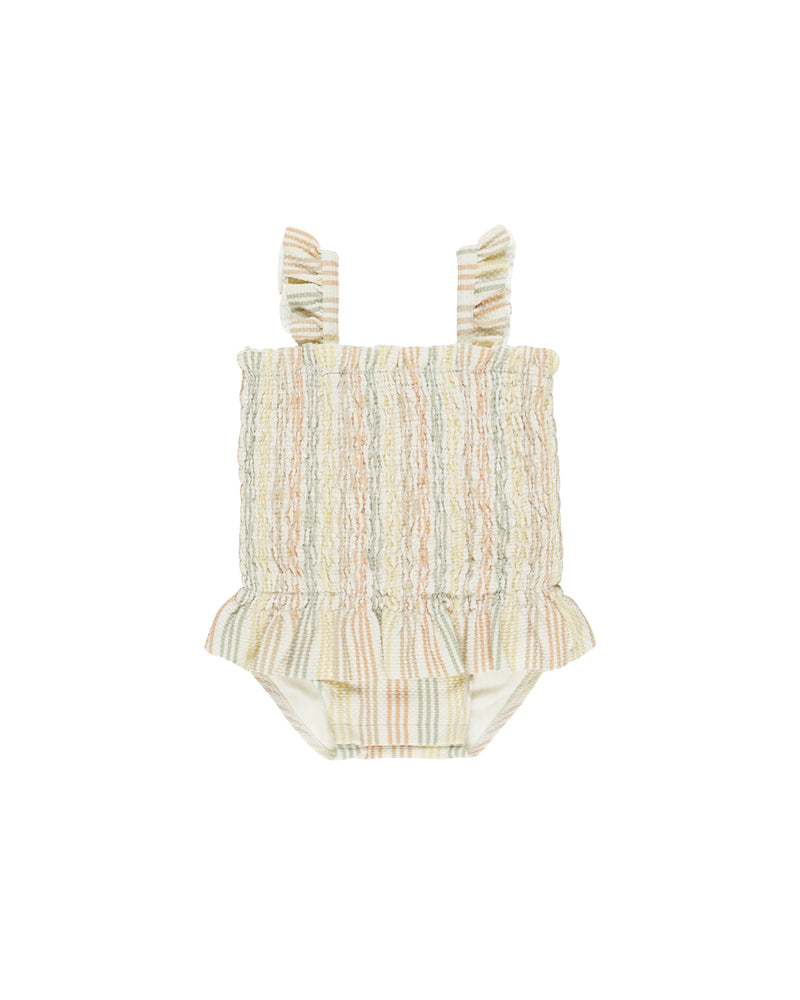 Smocked One-Piece Swimsuit || Multi-Stripe