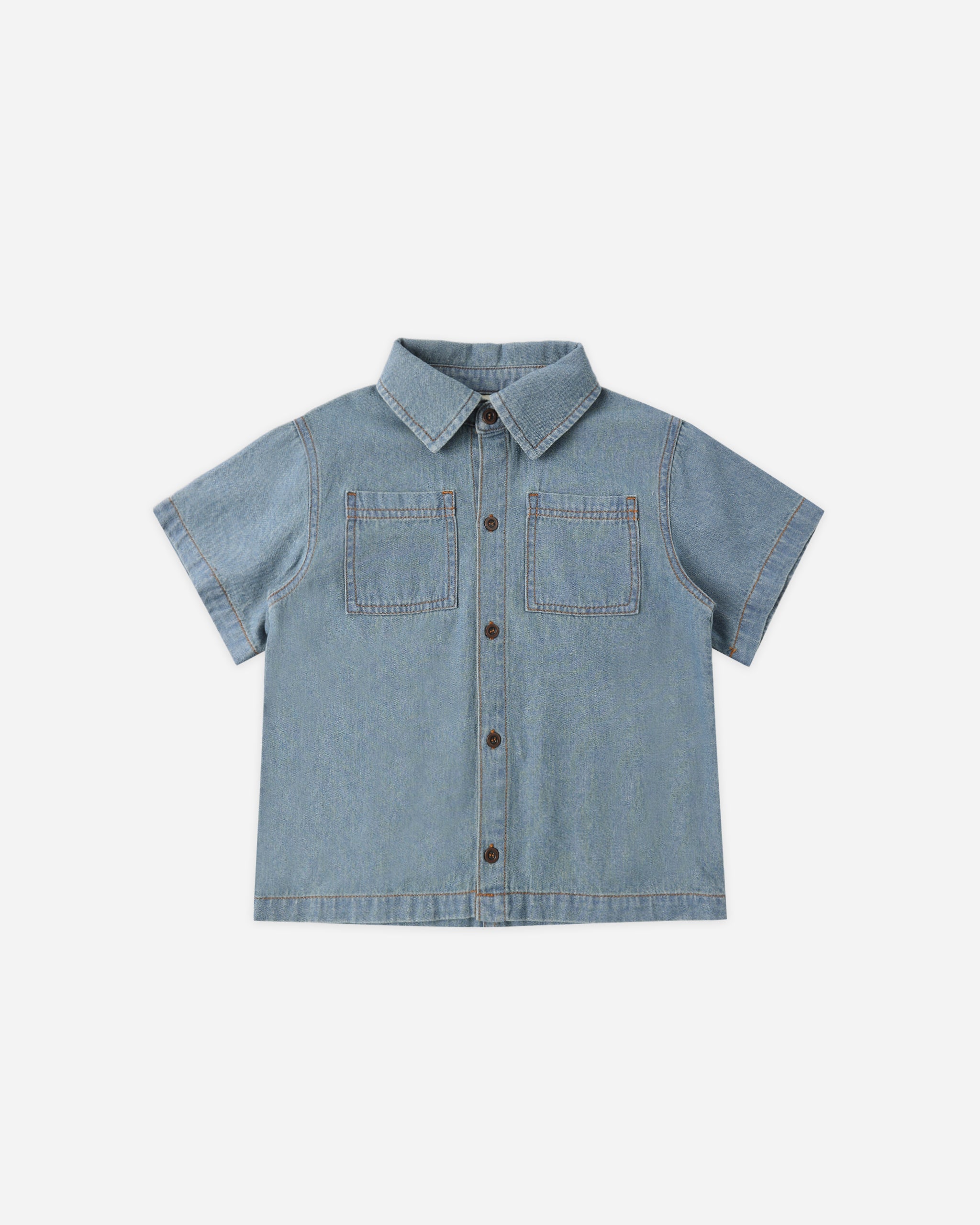 Denim Short Sleeve Overshirt || Washed Blue