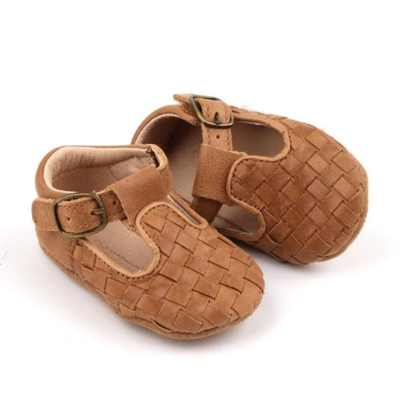 Leather Woven T-Bar | Walnut | Soft Sole
