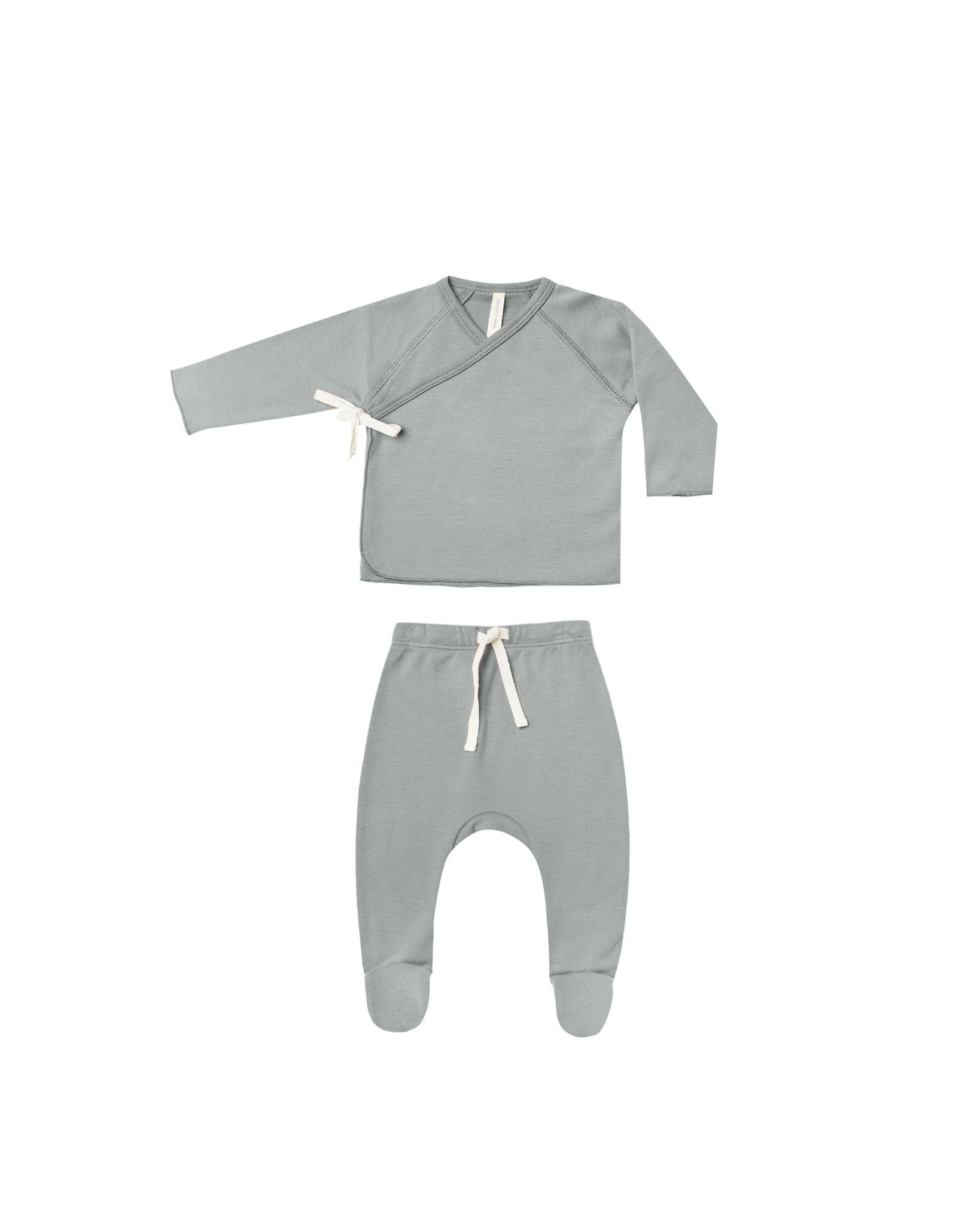 wrap top + footed pant set - dusty blue