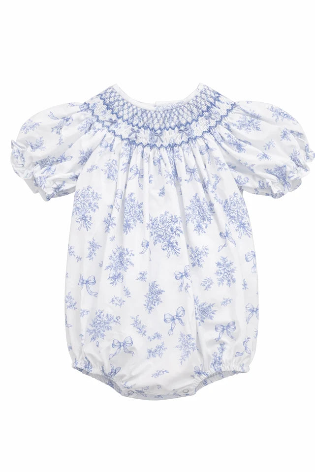 Evelyn White/Blue Floral Smocked Bubble