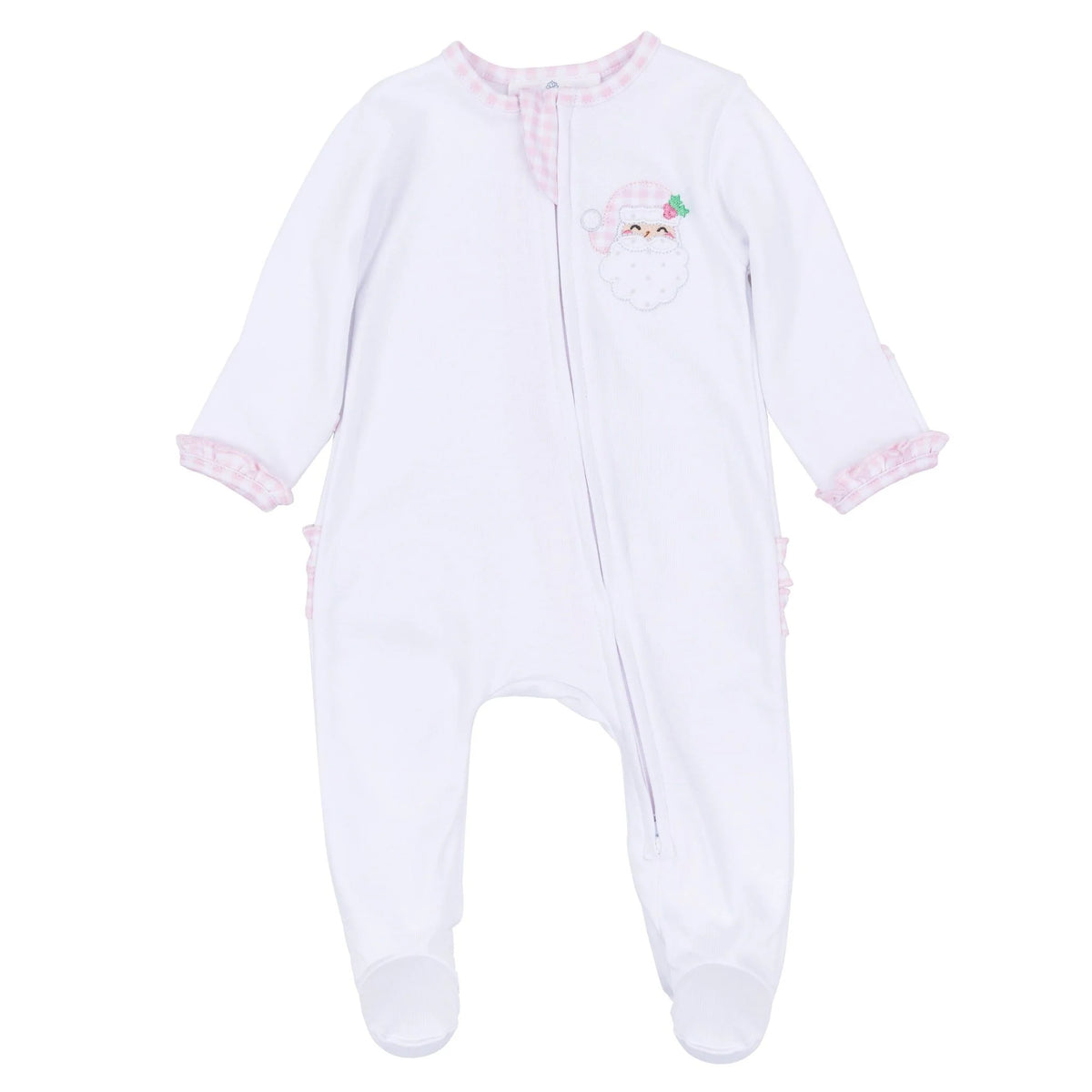 Sweet St Nick Applique Ruffle Zip Footie - Pink