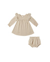 long sleeve flutter dress - latte micro stripe