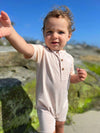Raglan Block Henley Romper | Beige & Peach