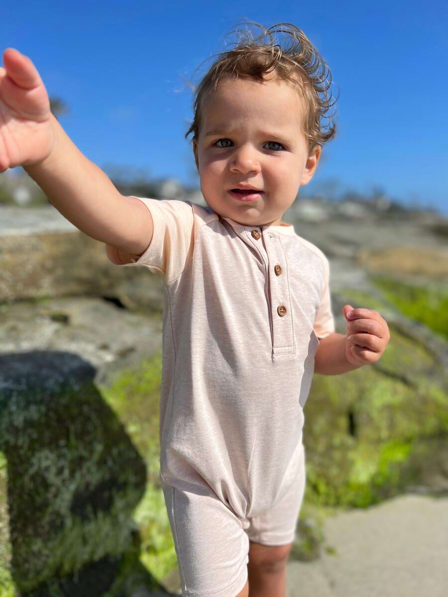 Raglan Block Henley Romper | Beige & Peach