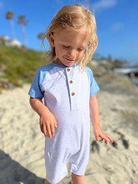 Afloat Block Henley Romper | Grey & Navy