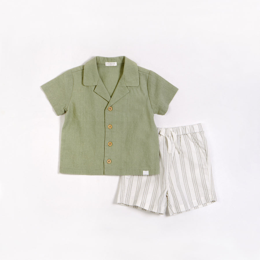Sage Leaf Crosshatch Linen Blend Shirt and Shorts Set