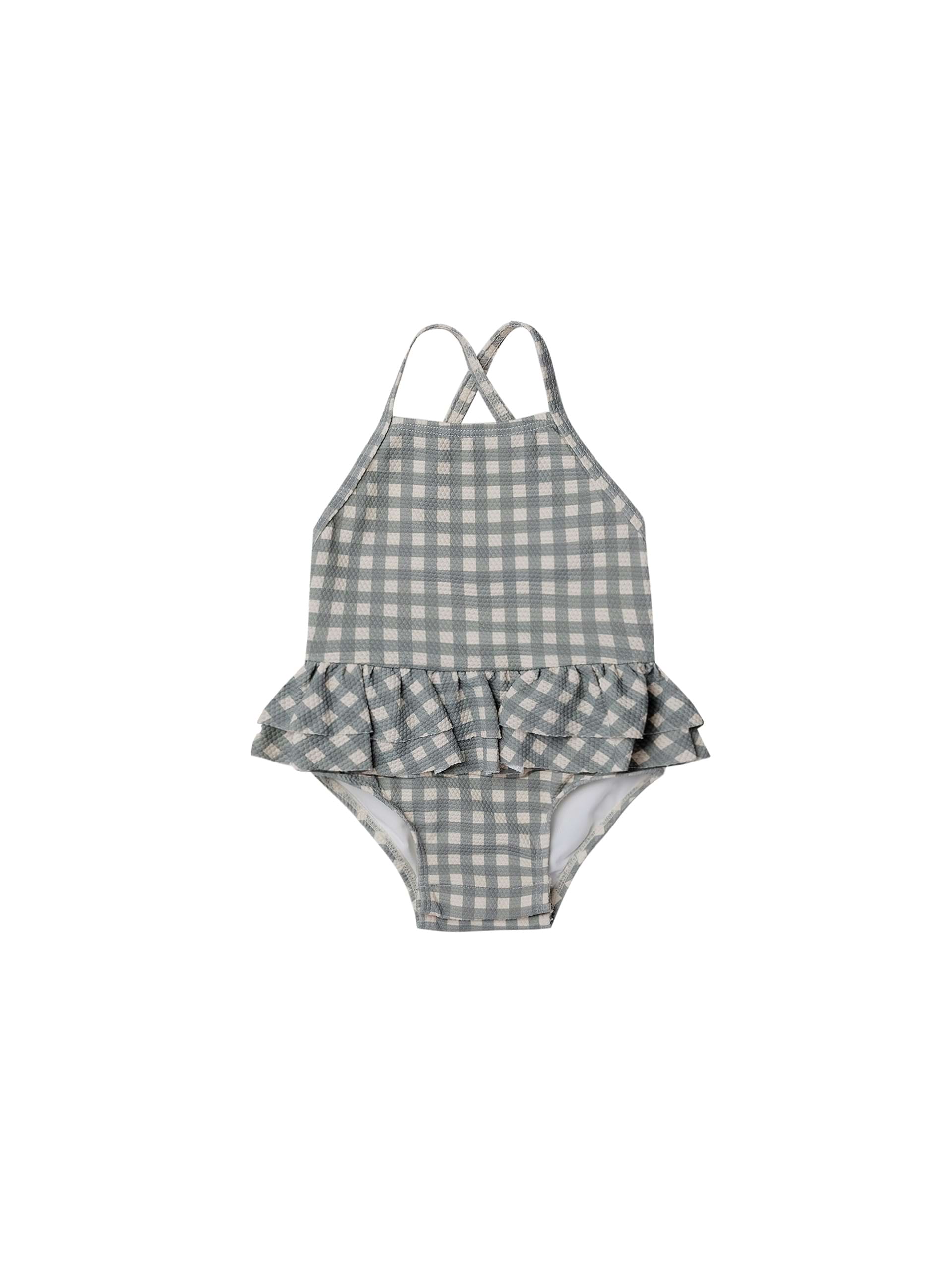 Ruffled One-Piece Swimsuit | Sea Green Gingham